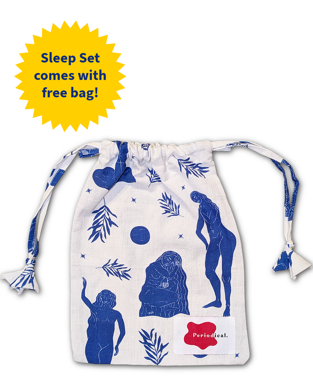 Drawstring bag with blue silhouette designs and white background, featuring a figure of women