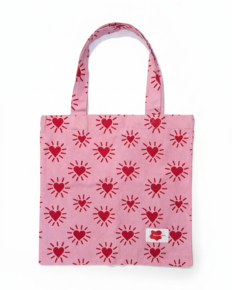 Pink tote bag with red heart and sun patterns