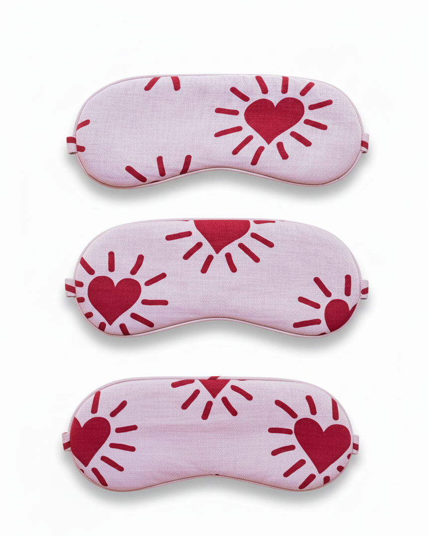 Three pink sleep masks with red heart designs 