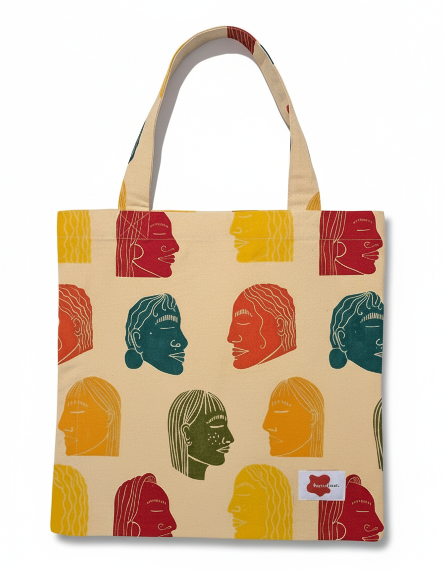 Tote bag with colourful face patterns on a beige background