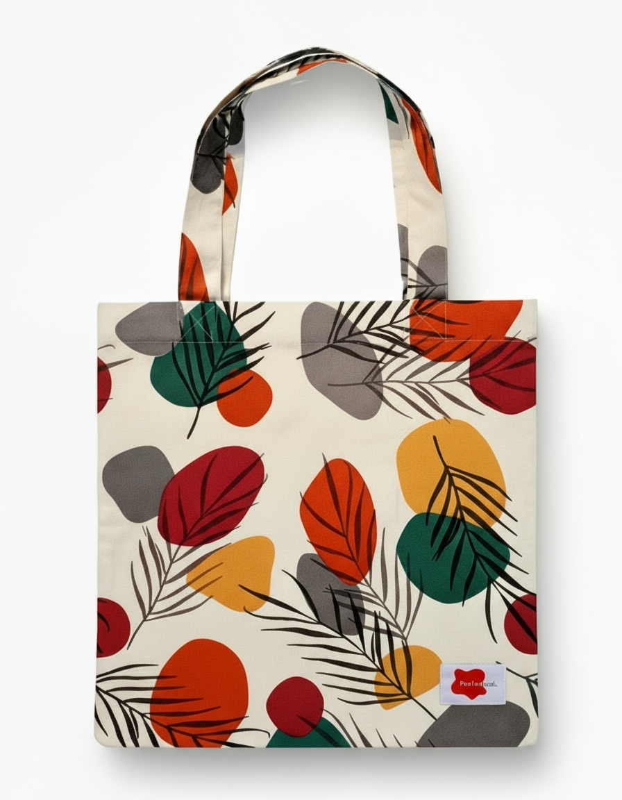 Tote bag with colourful leaf pattern on a white background
