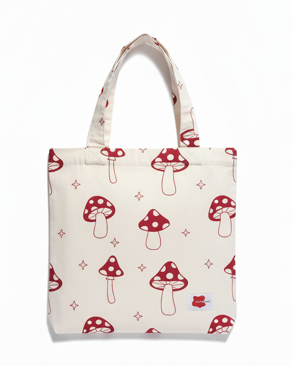 Tote bag with red mushroom pattern on a white background