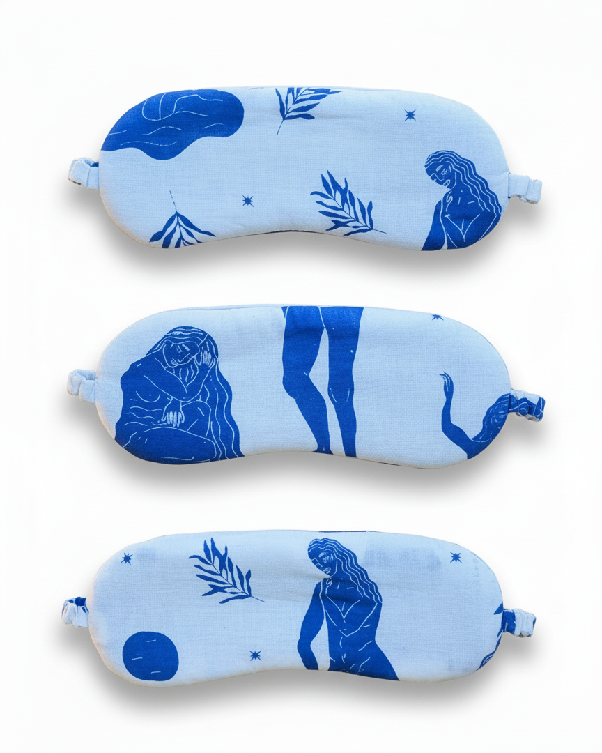 blue and white line drawing of female body and moon print