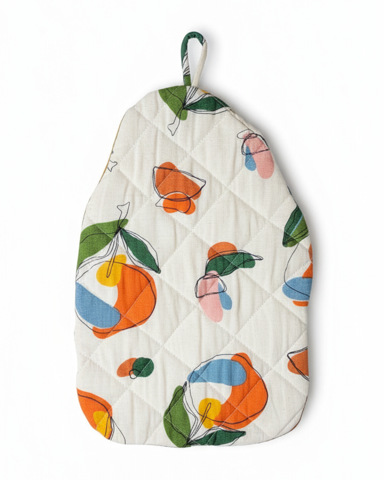 colourful abstract fruit print on a white hot water bottle cover