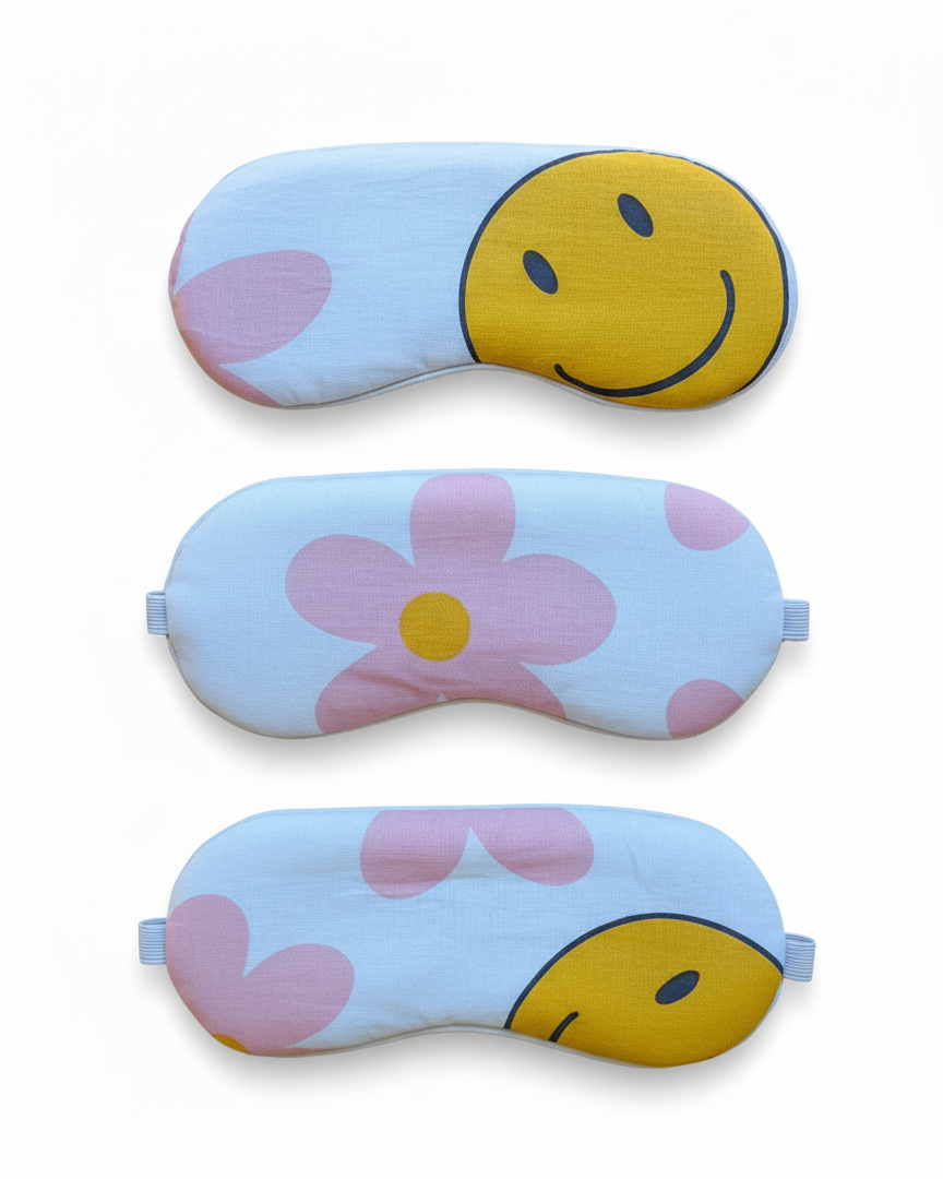 smiley face and pink flower happy hippy eye mask